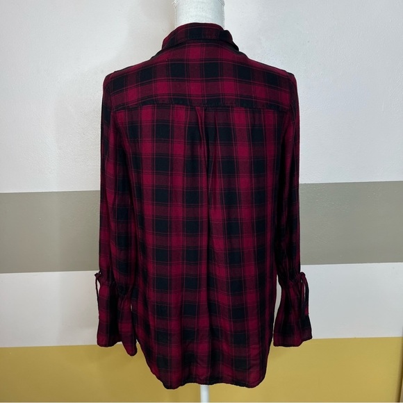 2/$25 Express Burgundy Buffalo Plaid Lightweight Bell Sleeve Flannel Button Down - Picture 3 of 12
